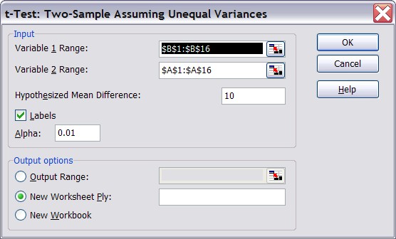 Two Sample t-Test Dialog