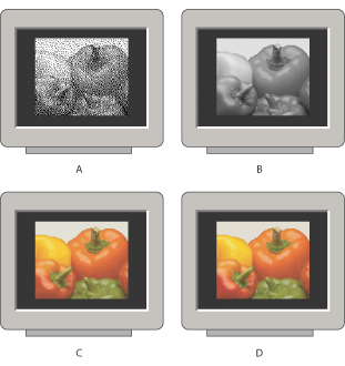Illustration of Pixel depth with these callouts: A. 1-bit (Bitmap B. 8-bit (Grayscale) C. 8-bit (Indexed Color) D. 24-bit (RGB)