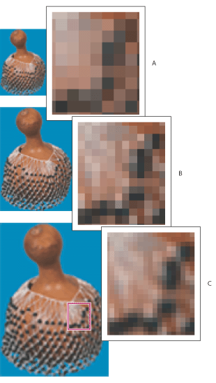 Illustration of Resampling pixels with these callouts: A. Downsampled B. Original C. Resampled up (selected pixels displayed for each set of images)